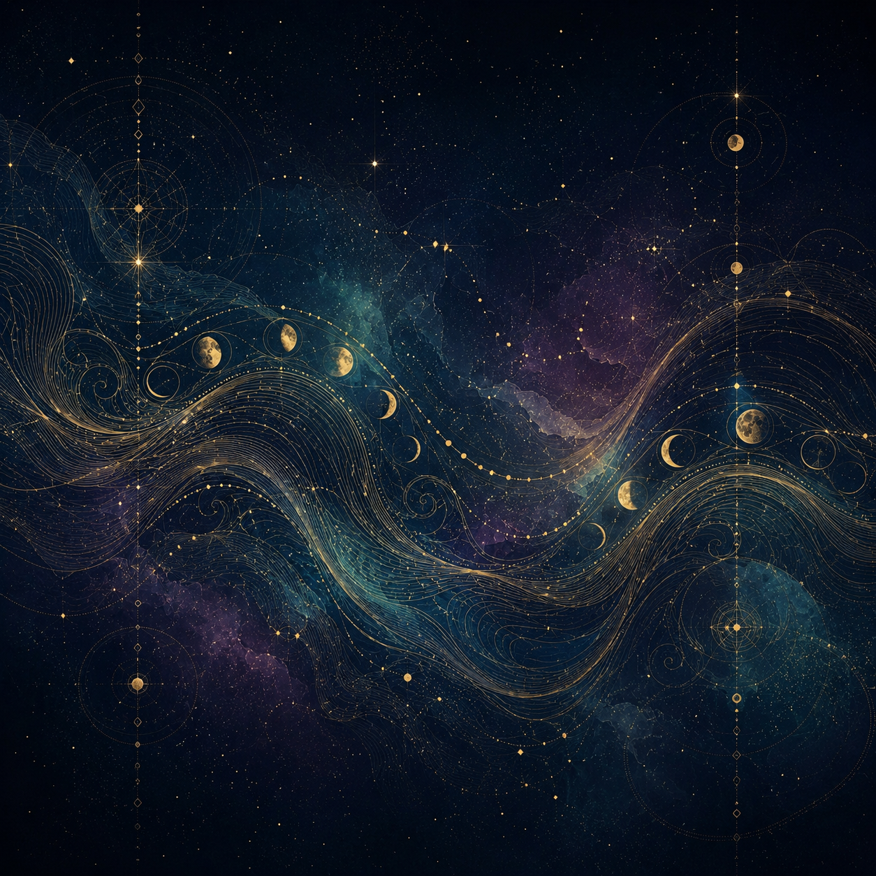 Emotional Patterns — golden wave lines with moon phases