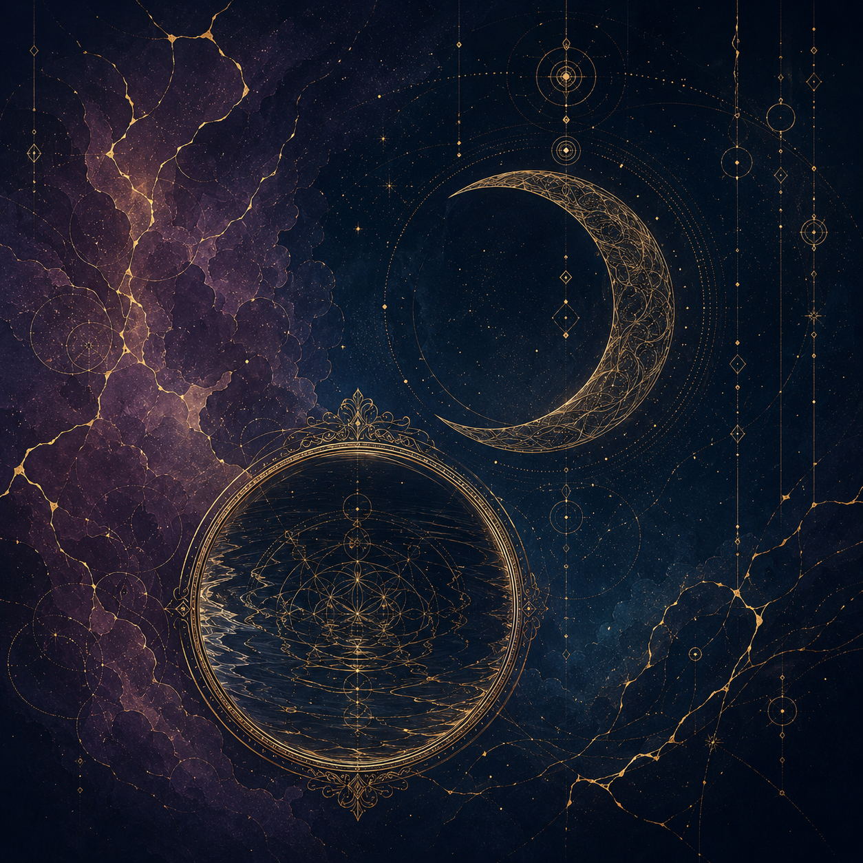Your Shadows and Inner Friction — crescent moon and ornate mirror